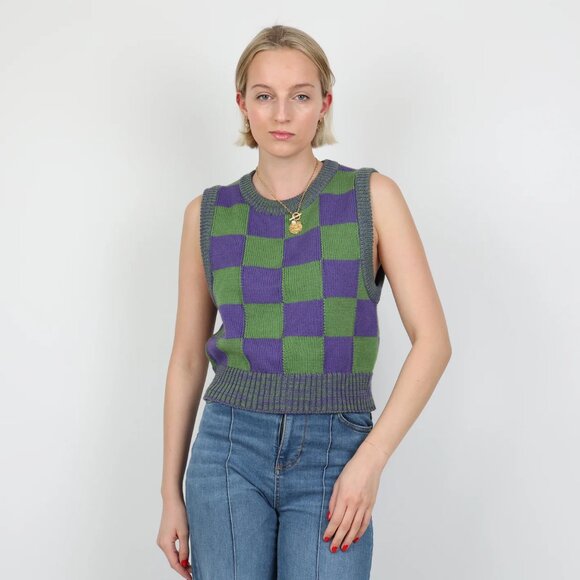 Warm Hugs Only Checkered Wool Knit Vest - Purple & Green - Picture 2 of 3
